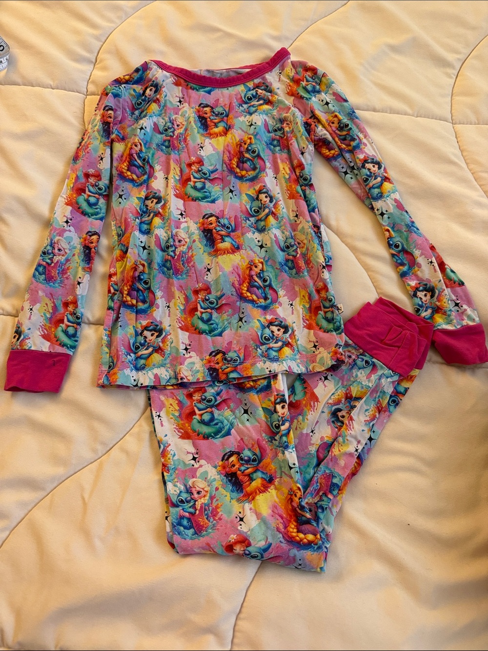 Bamboo Girls' Pink Multicolor Disney Princess with Stitch Long Sleeve Pajama Set